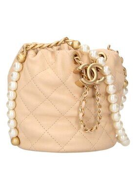 Chanel Quilted CC Logo Charm Lambskin Pearl Chain Shoulder Bag